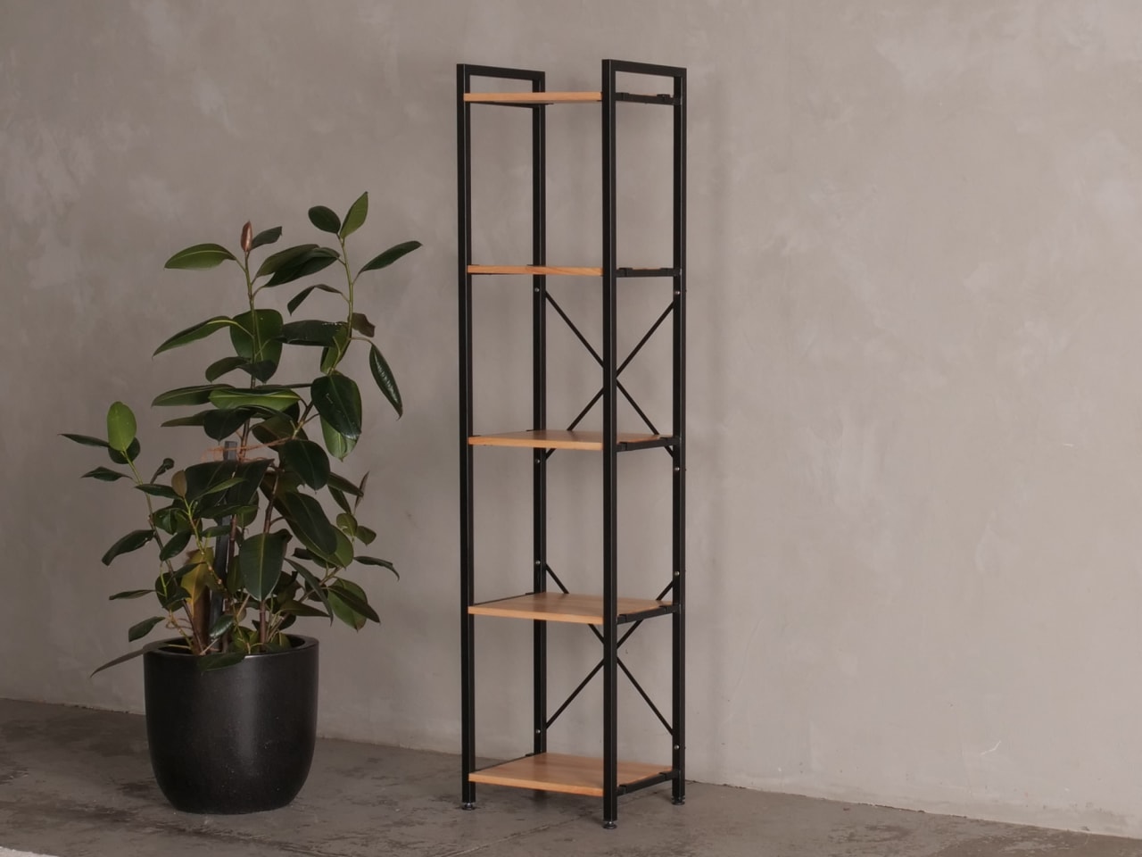 Axel Modular Main Shelving Unit | Black Steel & Natural Hardwood | Narrow (1850 x 450mm)