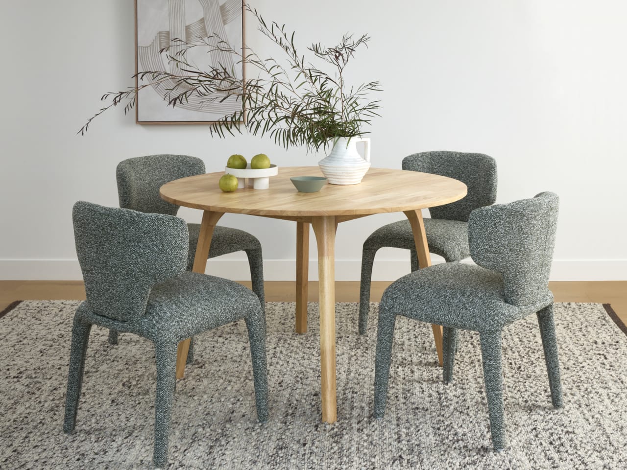 Paris 5PCE Round Natural Dining Set | Sage Green Boucle Fabric