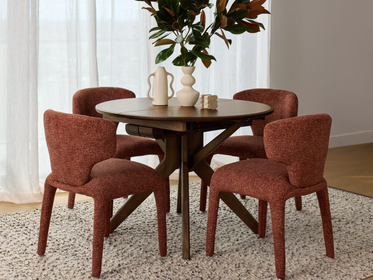 Paris 5PCE Rustic Walnut Dining Set | Rust Orange Fabric