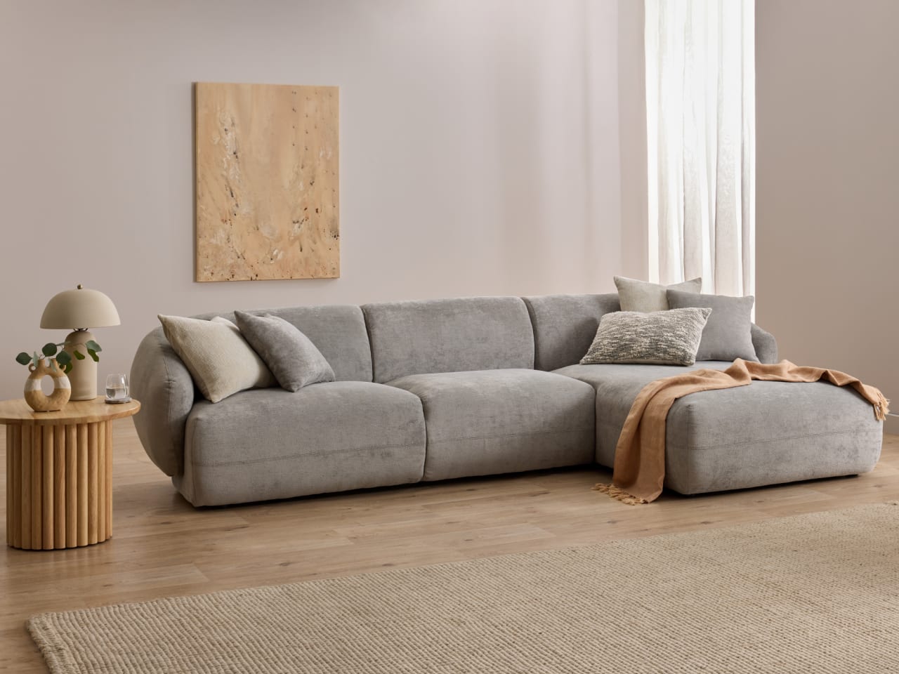 Courbe 2PCE Living Room Package | Right Chaise | Grey & Natural