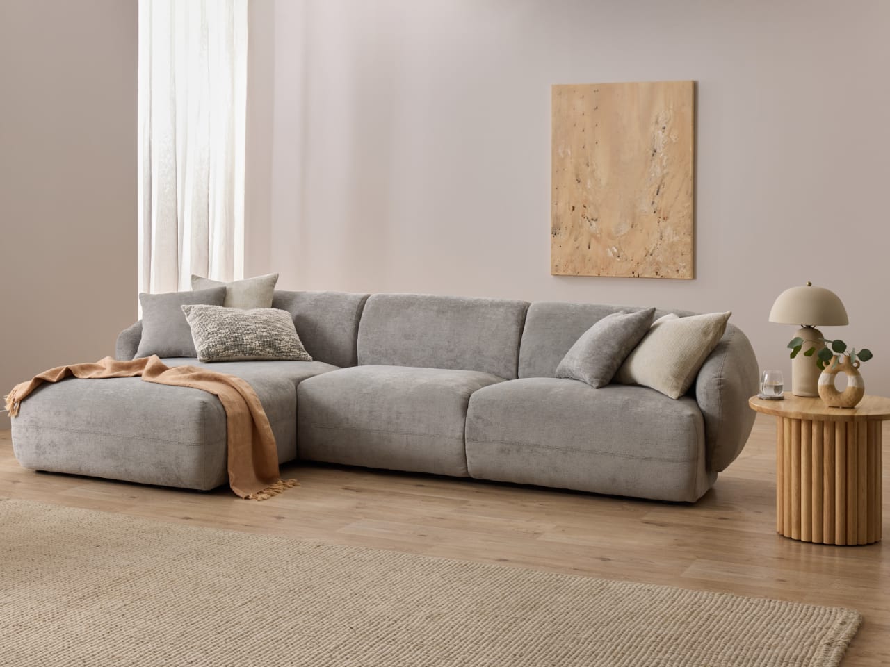 Courbe 2PCE Living Room Package | Left Chaise | Grey & Natural