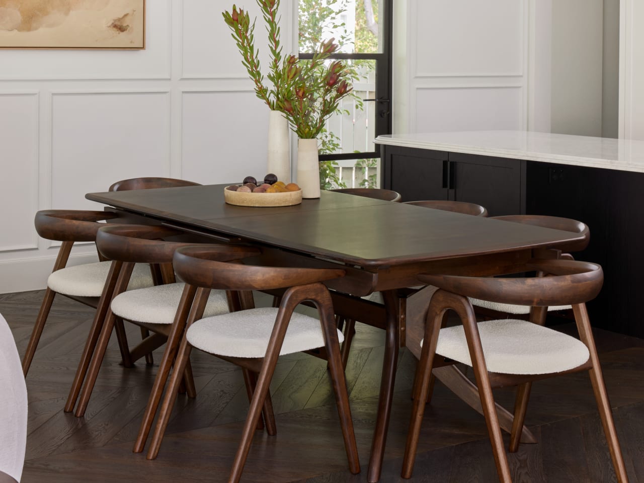 Manor 9PCE Extendable Dining Set | Arabica Walnut | Boucle Fabric