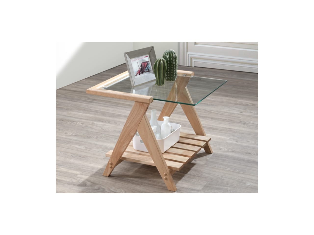  Myer Glass Top Side Table | Natural Hardwood Frame