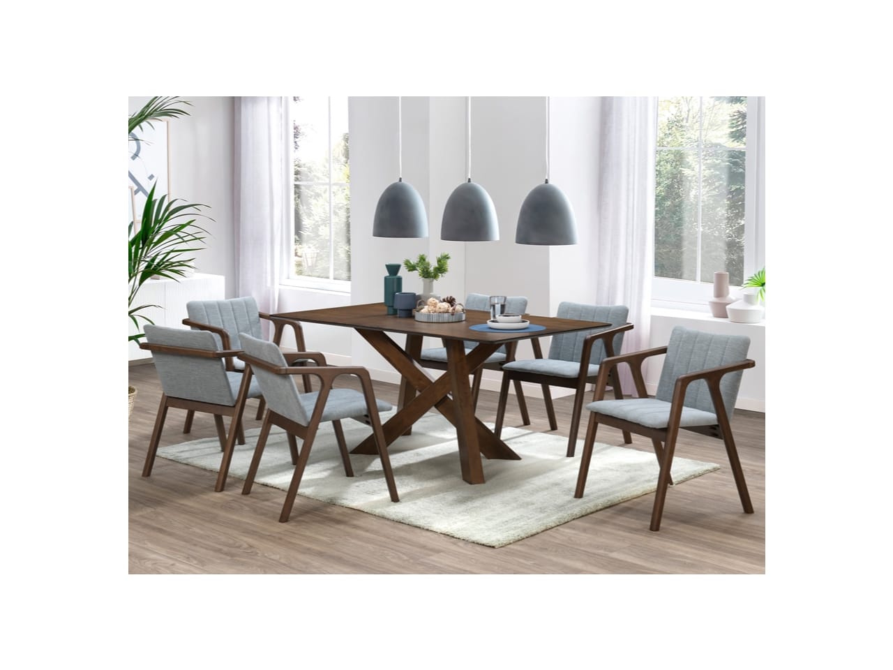 Cruz 7PCE Hardwood Dining Set | Rustic Walnut | Grey Fabric