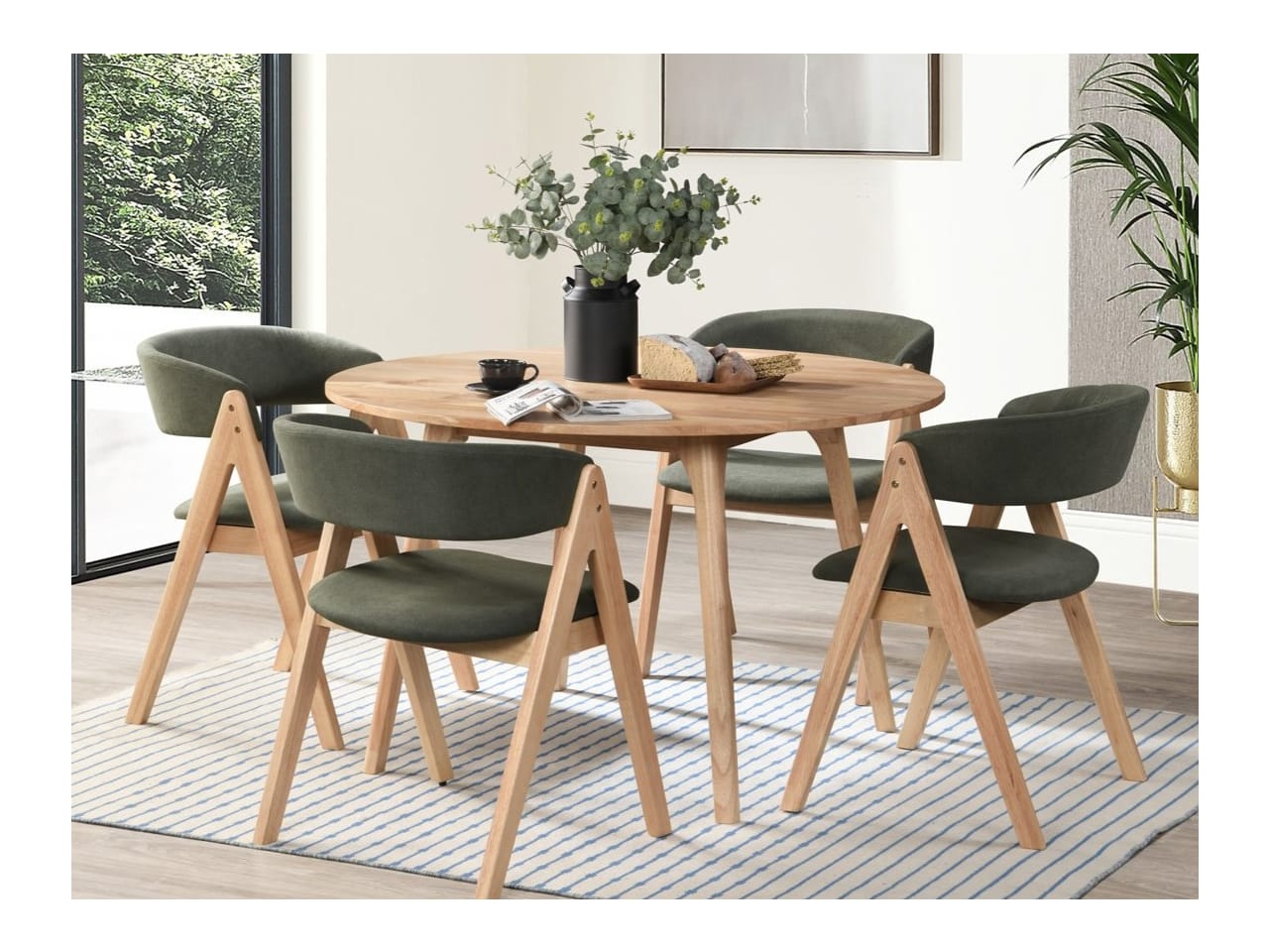 Oslo 5PCE Hardwood Dining Set | Natural | Green Fabric