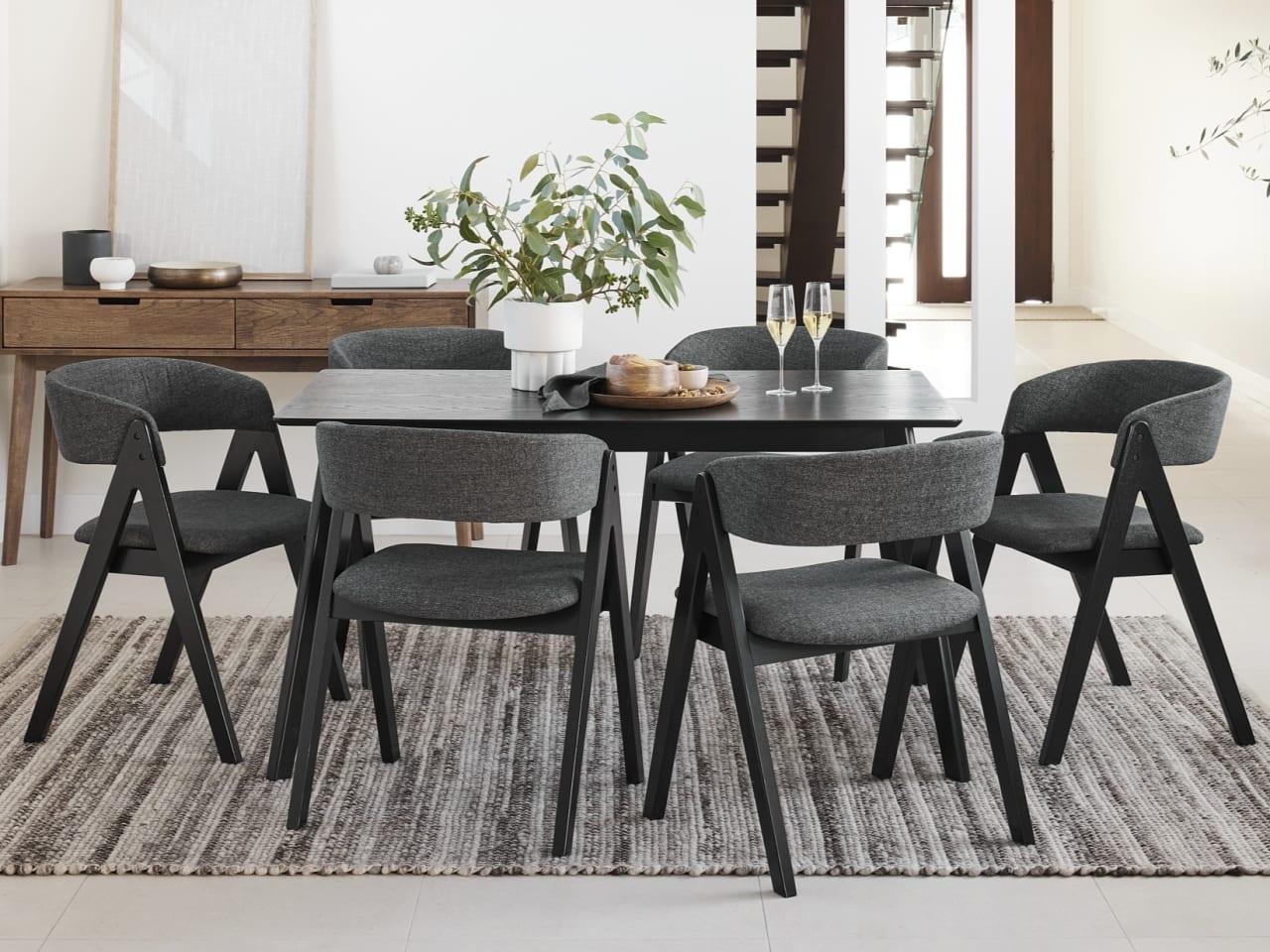 Cannes 7PCE Hardwood Black Dining Set | Charcoal Fabric