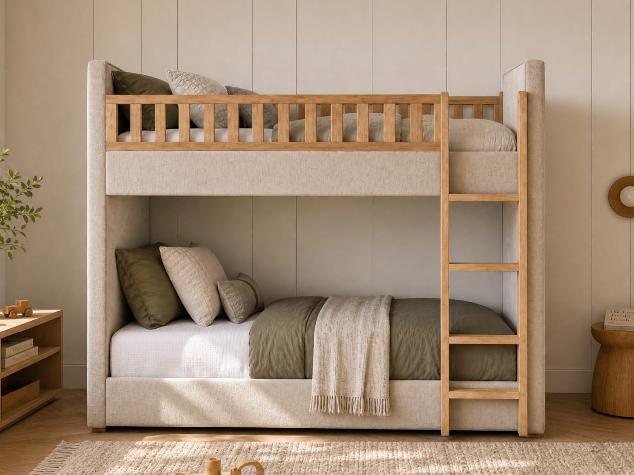 Cannes King Single Upholstered Bunk Bed | Beige