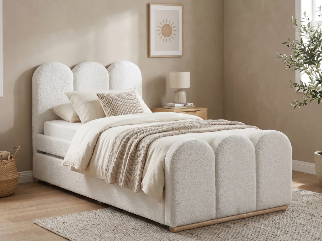 Arc King Single Trundle Bed | Boucle Beige Fabric