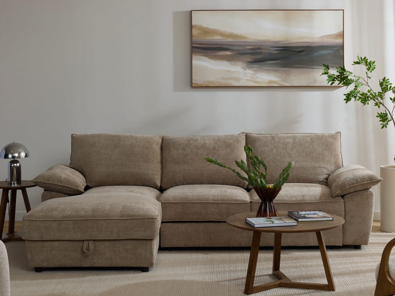 Hideaway Almond Brown Sofa Bed with Storage | Left Chaise