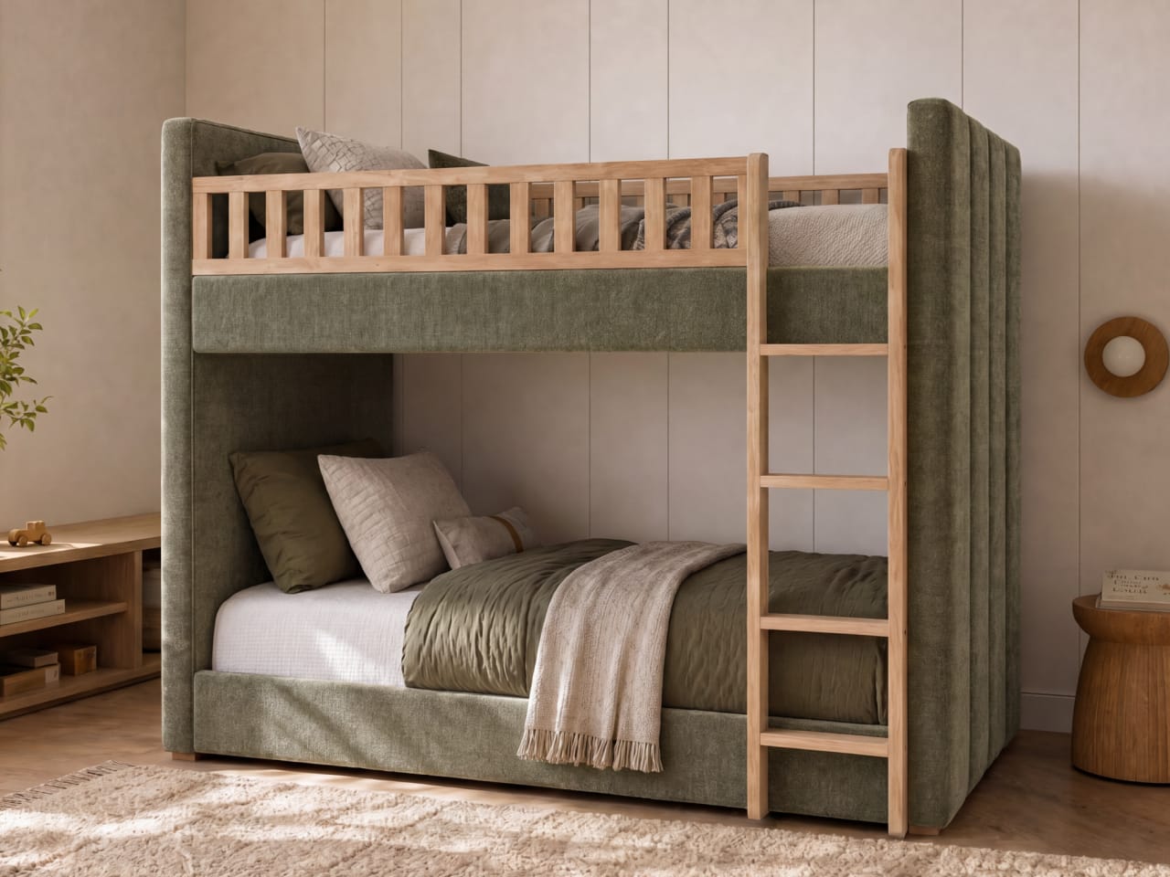 Cannes King Single Upholstered Bunk Bed | Green
