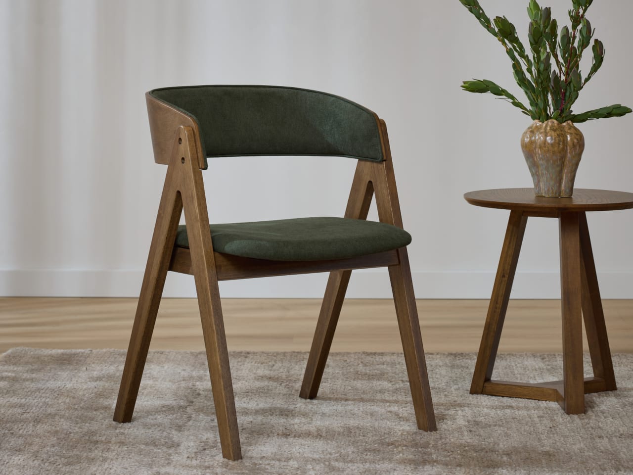 Gaudo Hardwood Dining Chair | Rustic Walnut | Green Fabric