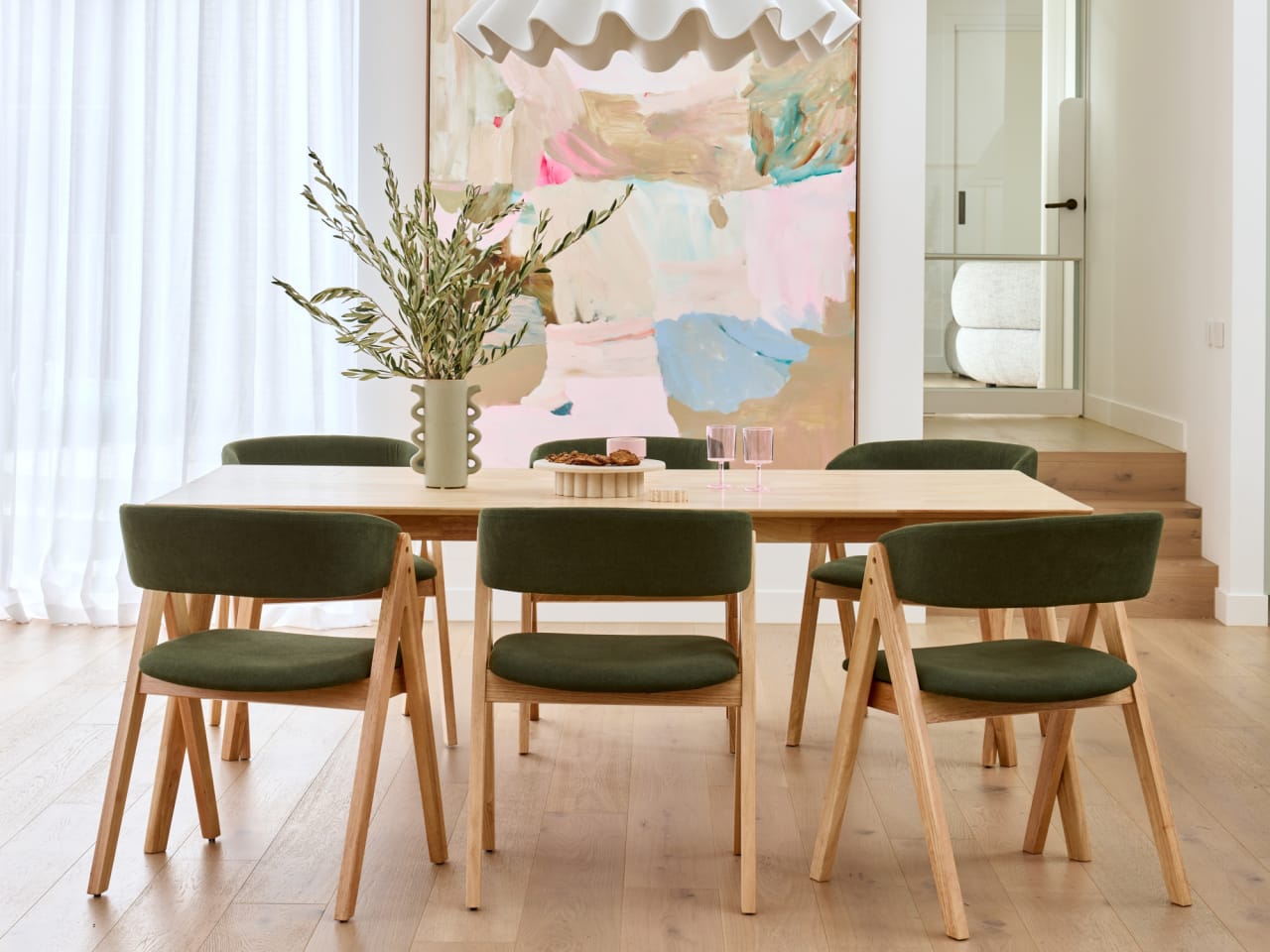 Gaudi 7PCE Natural Hardwood Dining Set | Green Fabric
