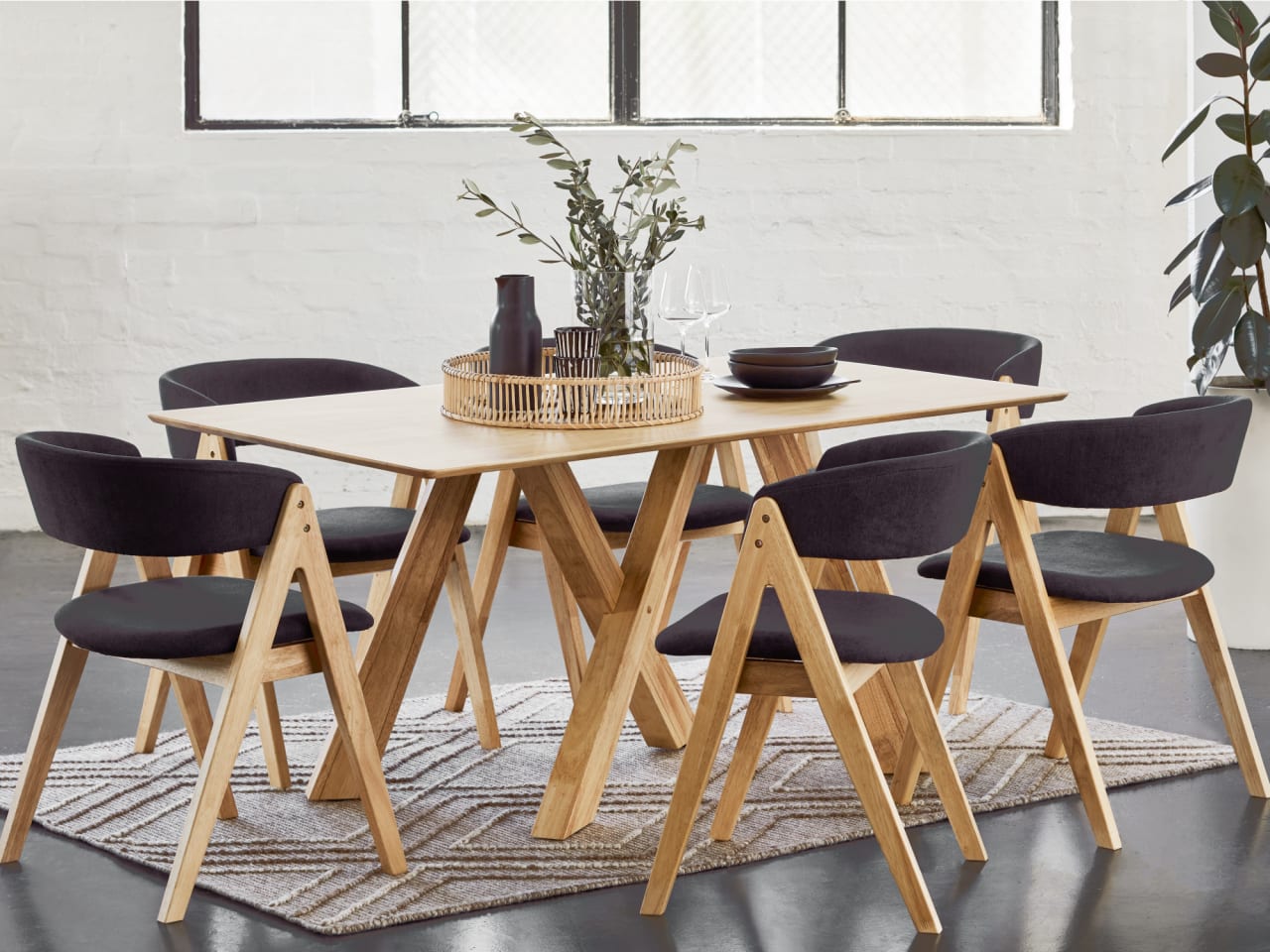 Gaudi 7PCE Natural Hardwood Dining Set | Black Fabric
