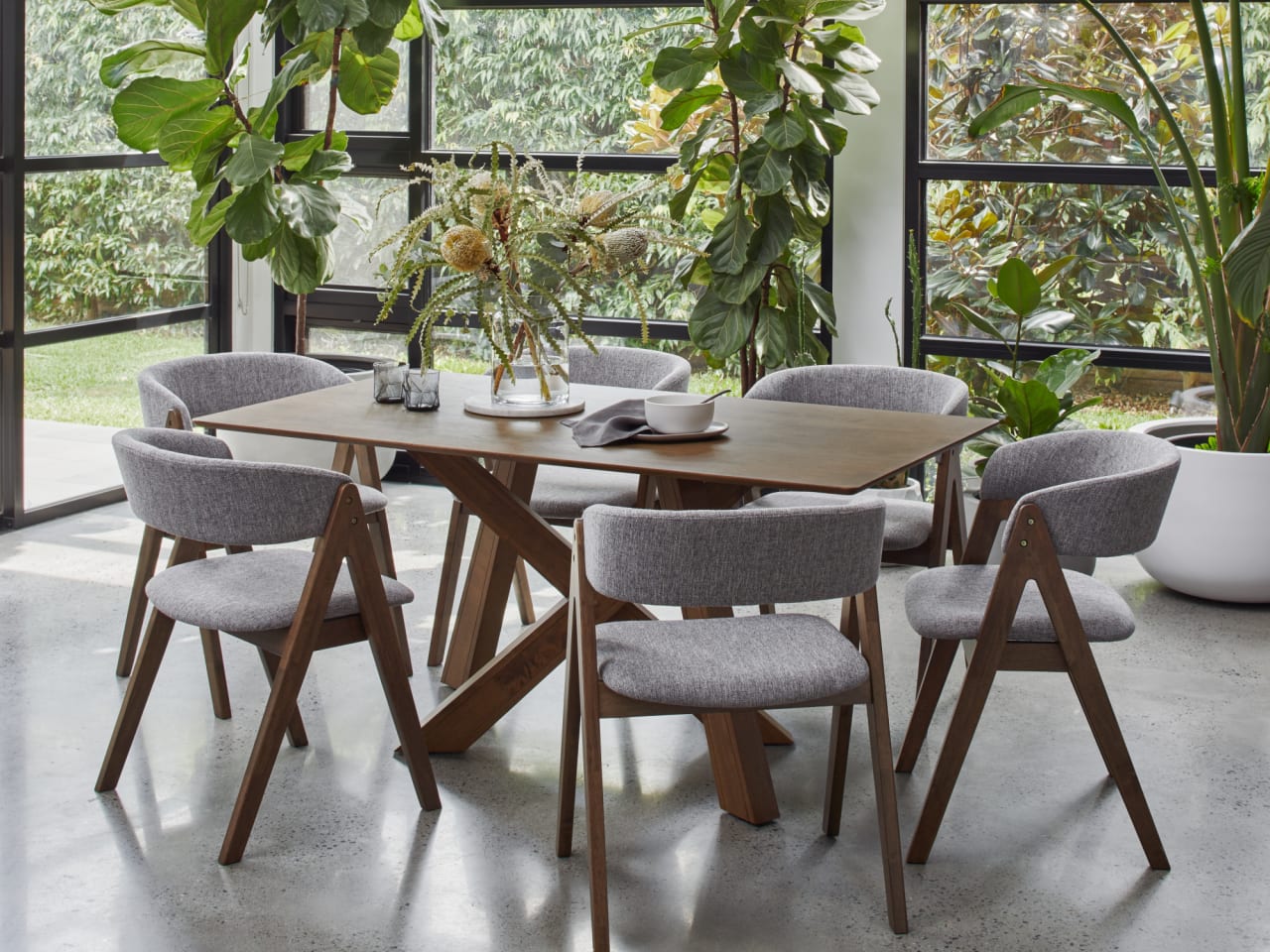 Gaudi 7PCE Hardwood Dining Set | Rustic Walnut | Grey Fabric