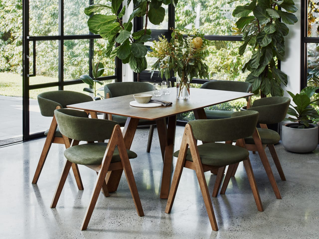 Gaudi 7PCE Hardwood Dining Set | Rustic Walnut | Green