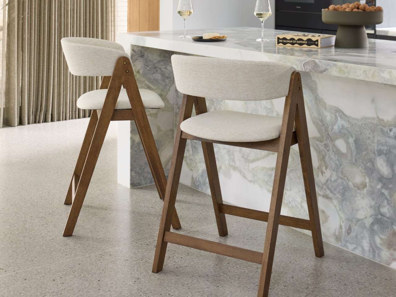 Gaudi Hardwood Counter Bar Stool | Rustic Walnut | Beige Fabric