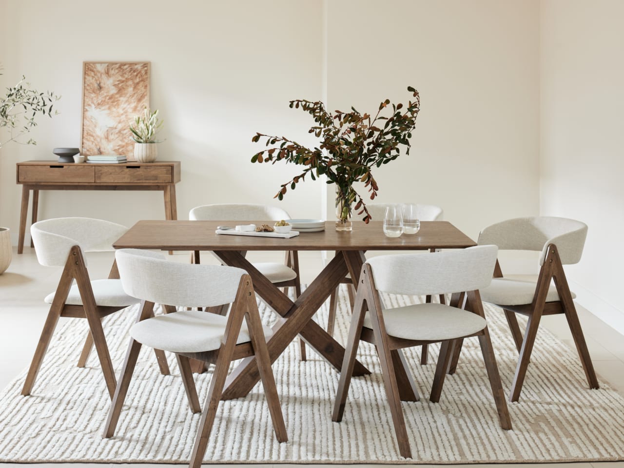 Gaudi 7PCE Hardwood Dining Set | Rustic Walnut | Beige Fabric