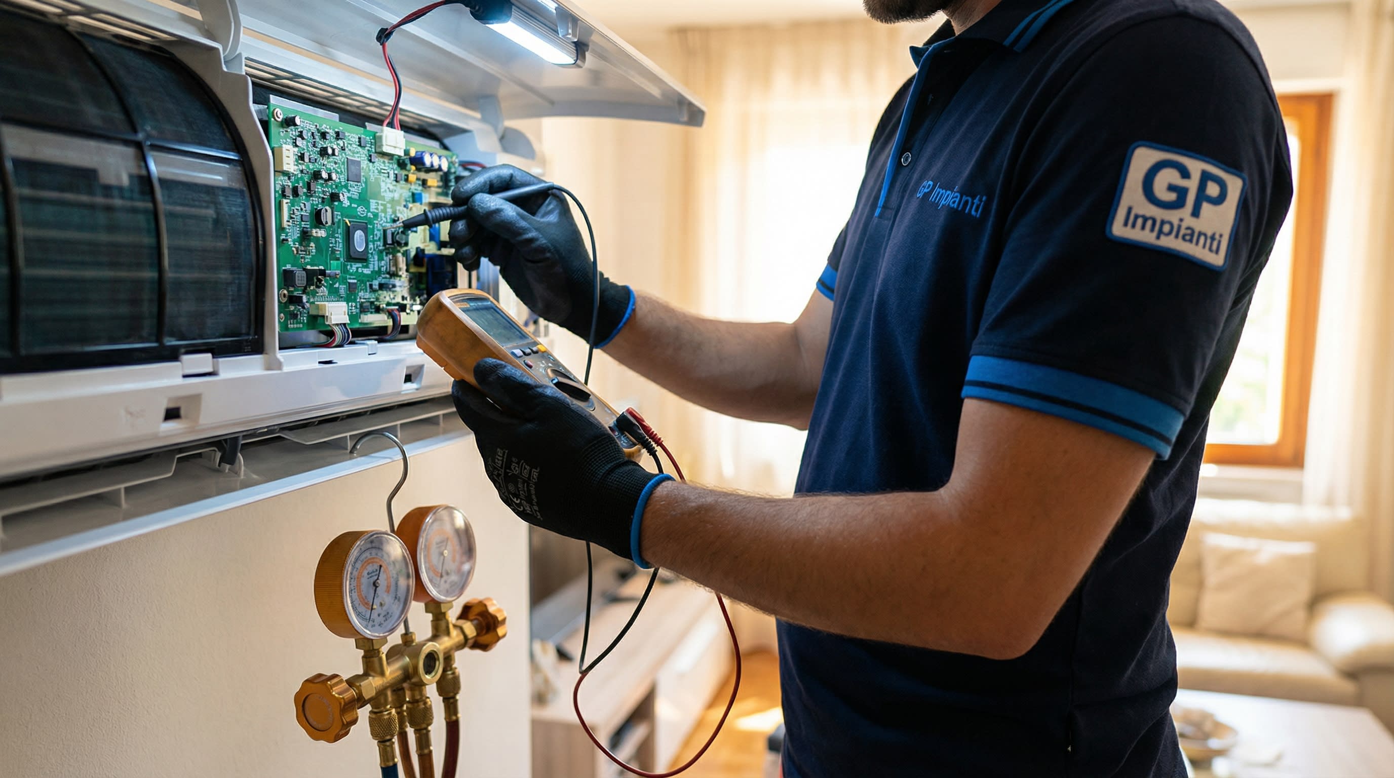 Pronto intervento climatizzazione Olbia 24/7: riparazione condizionatori split, perdite gas, guasti compressore - GP Impianti F-Gas Cat. I