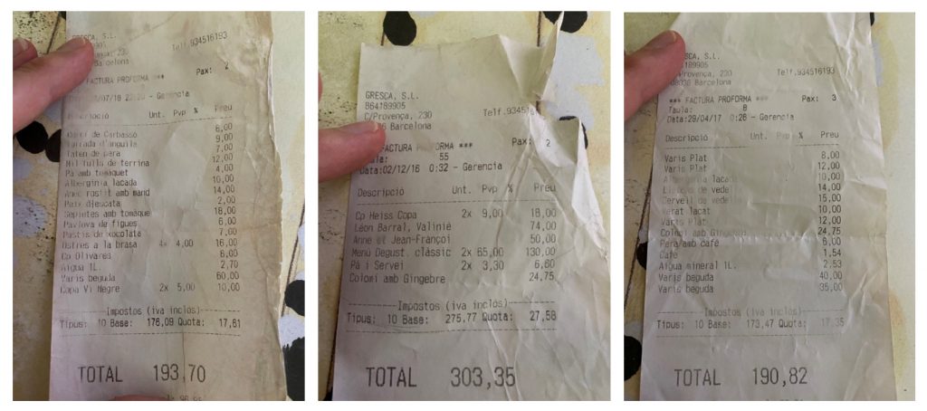 Testimonios de cenas en Gresca (facturas pro forma, rescatadas milagrosamente)