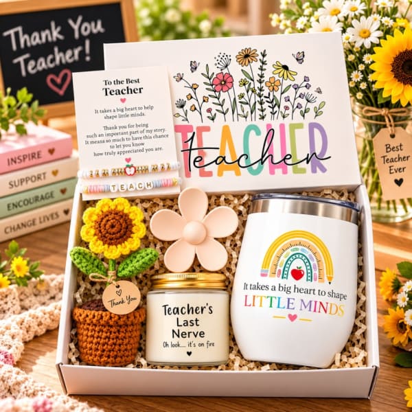 Teacher Appreciation Gift Box with Tumbler & Crochet Flower