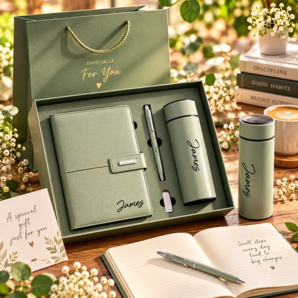 Personalized Leather Notebook, Pen & Tumbler Gift Set