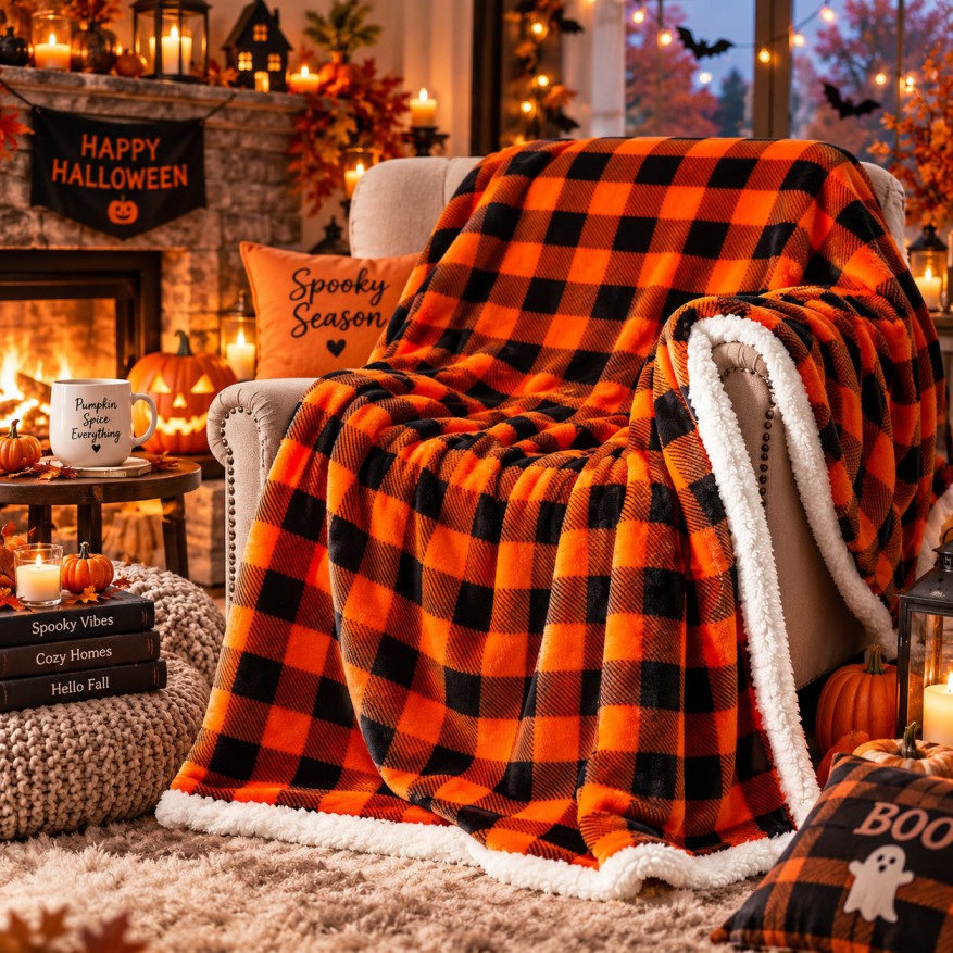 Cozy Orange Halloween Plaid Throw Blanket