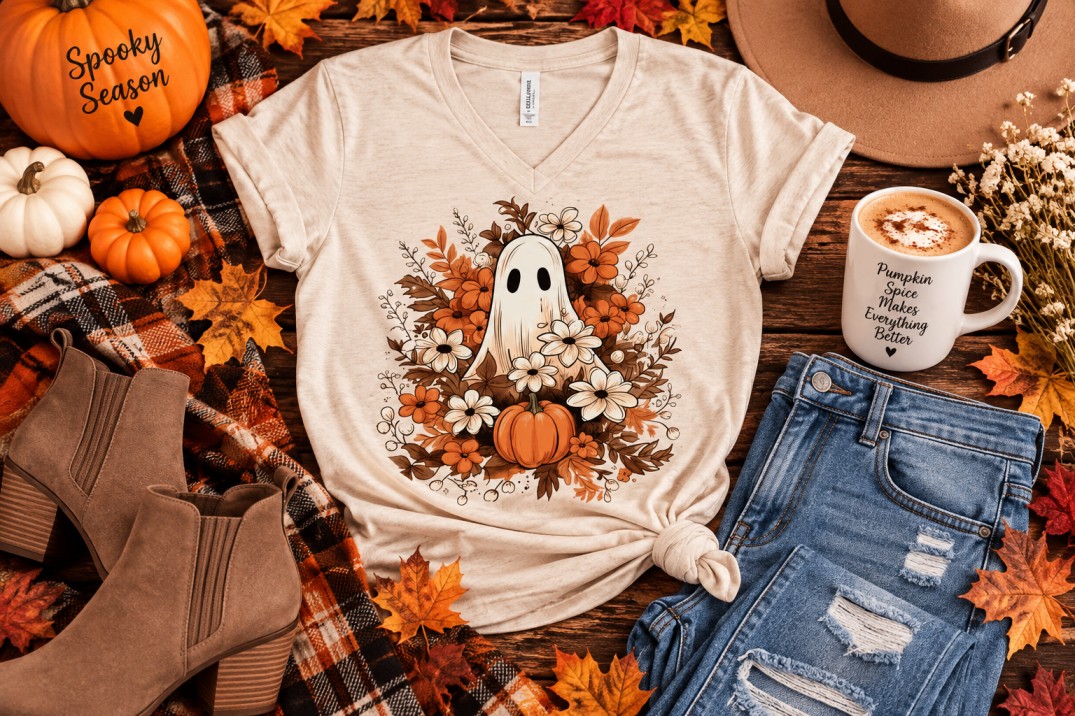 Boho Wildflower Ghost Halloween V-Neck Tee