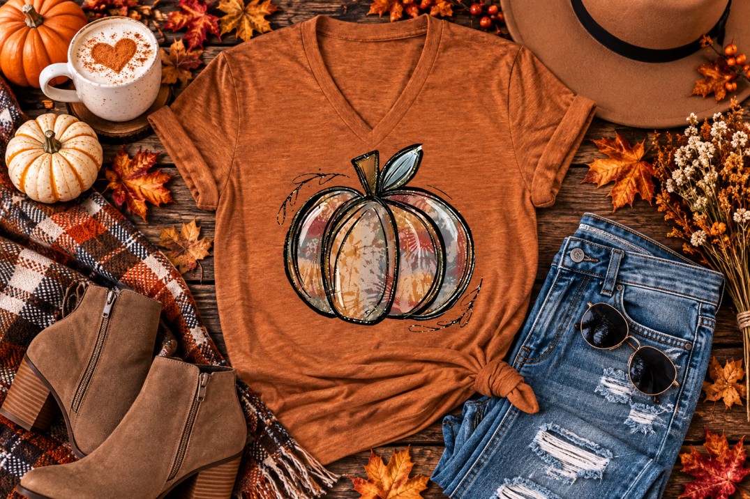 Vintage Boho Pumpkin Floral V-Neck Tee
