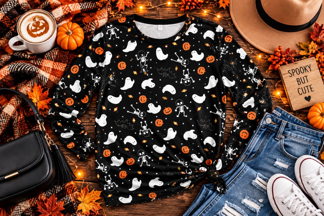 Cute Ghost & Pumpkin Long Sleeve Halloween Tee