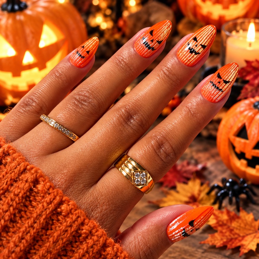 Orange Jack-O’-Lantern Halloween Nail Art
