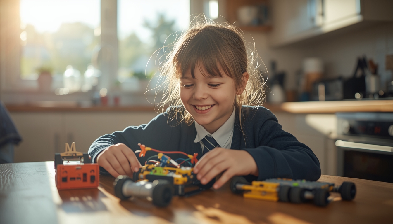 Child building a robotics kit after school