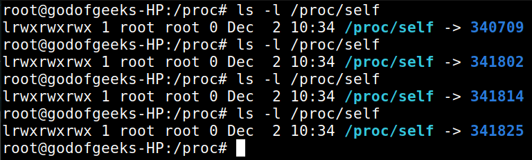 output of ls -l /proc/self