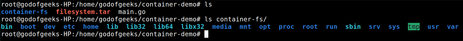 output of ls and contents of container-fs