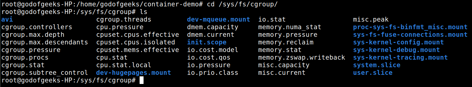 output of ls in cgroups