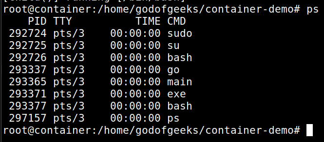 output of ps command initially in container
