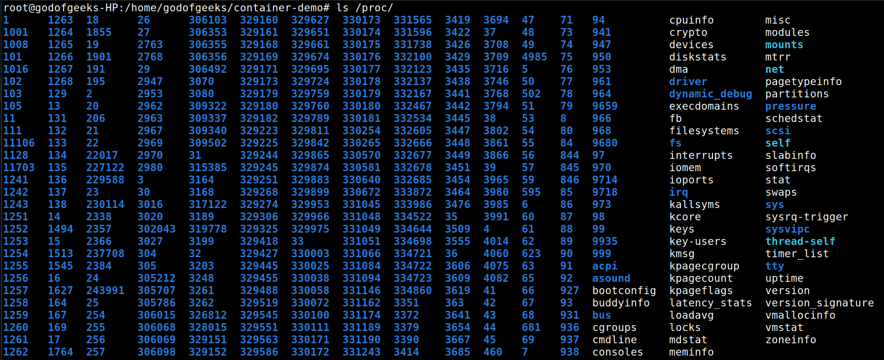 output of ps command on host
