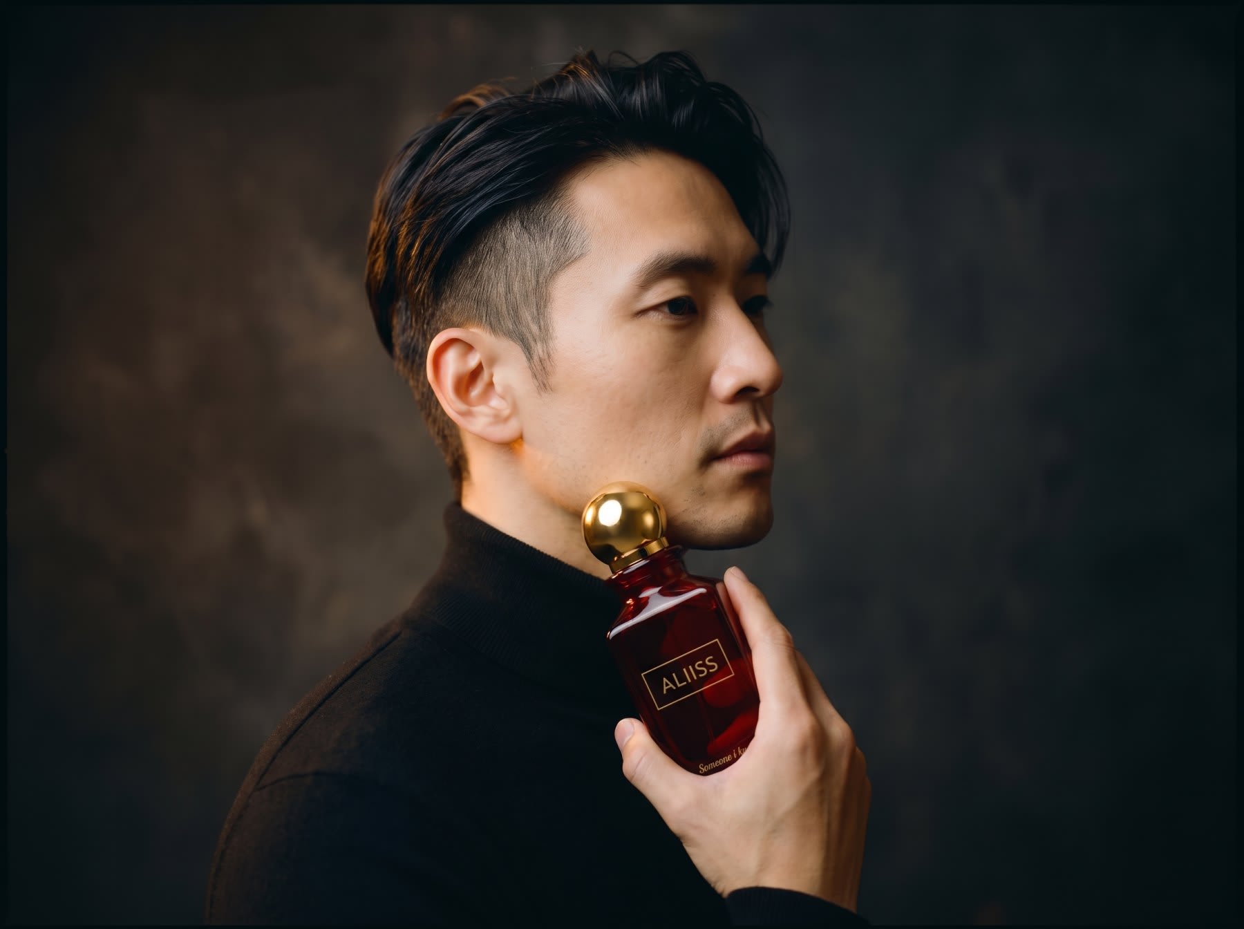 A man in side profile holding the Someone I Know flacon at his collar