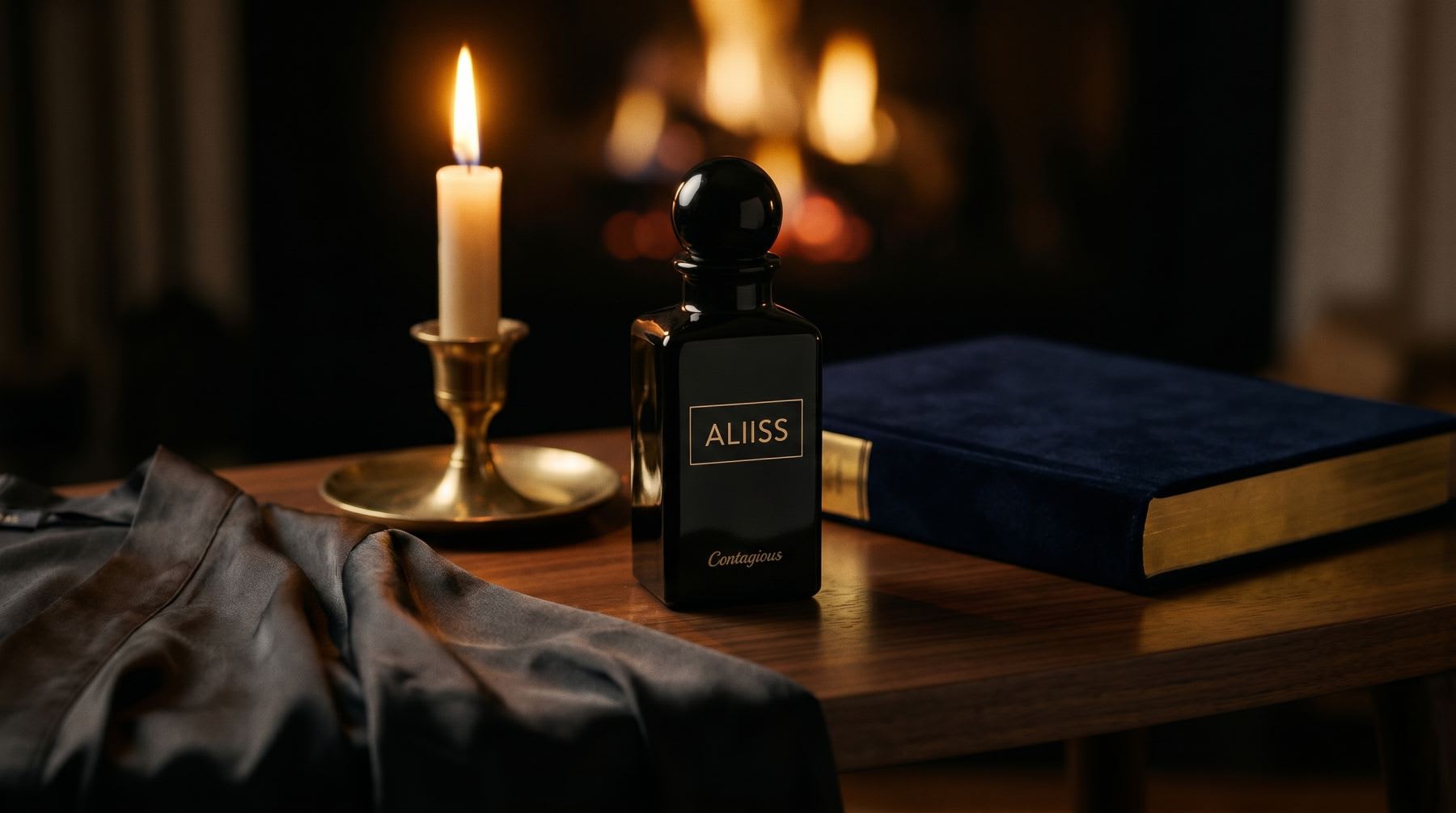 Aliiss bottle and candle on a dressing table at dusk