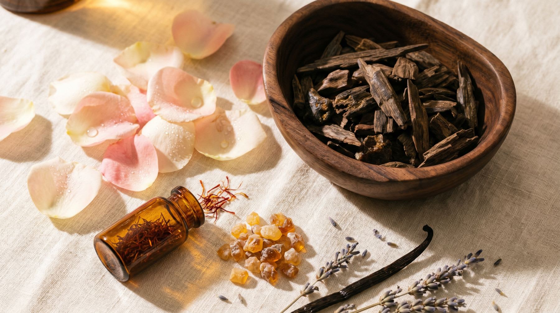 Oud wood, rose petals, frankincense resin, saffron and lavender