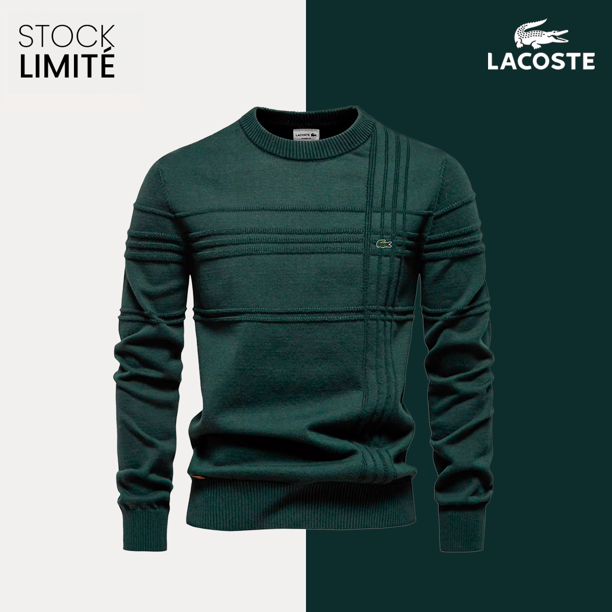 Pull bleu à col rond — tricot texturé avec bandes côtelées