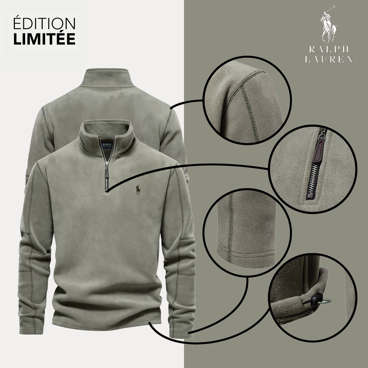 Détails premium — texture polaire et coutures renforcées