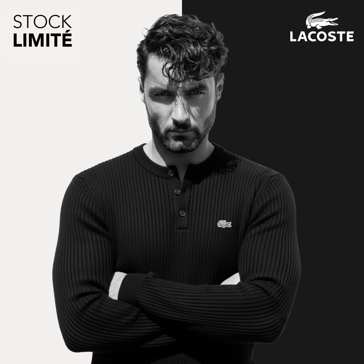 Pull raffiné premium — détails de la maille côtelée et boutons Henley