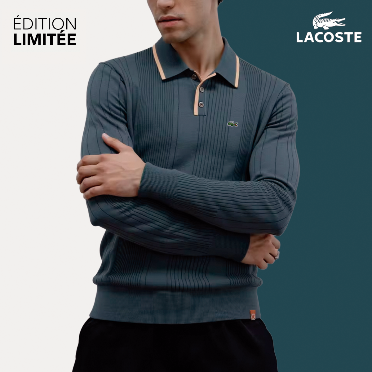 Détail du pull premium — maille côtelée et patte de boutonnage