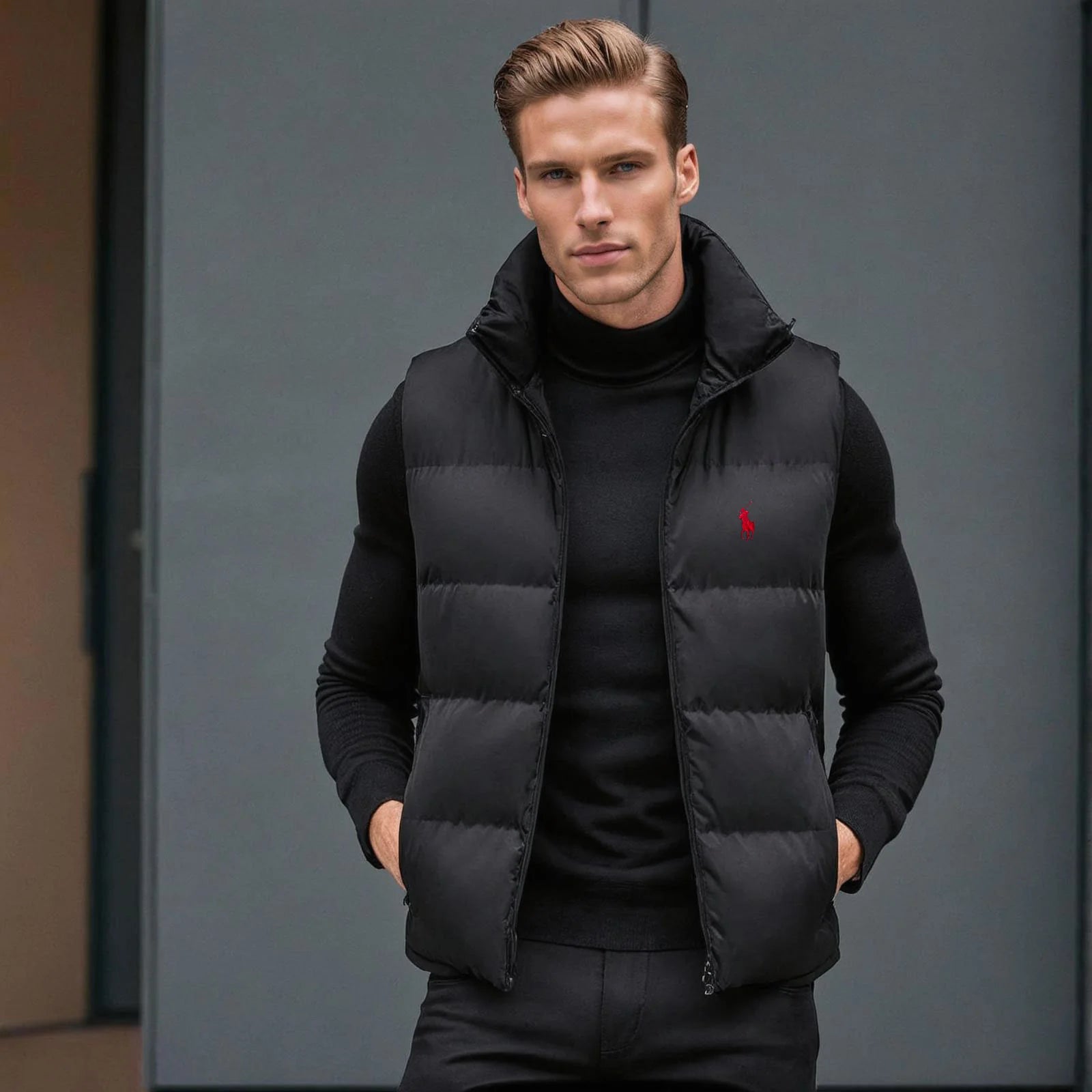 Uomo indossa un set di gilet imbottito e maglione a collo alto
