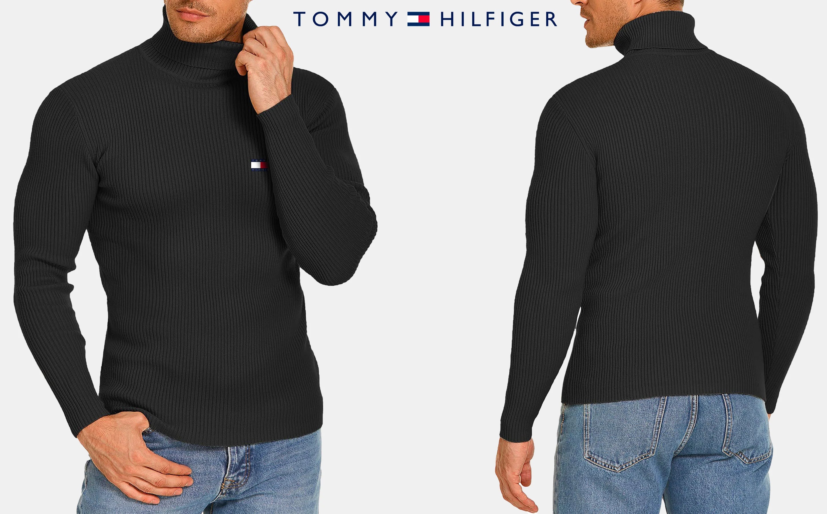 Detail des Rippstrickstoffs und des hohen Kragens des Rollkragenpullovers
