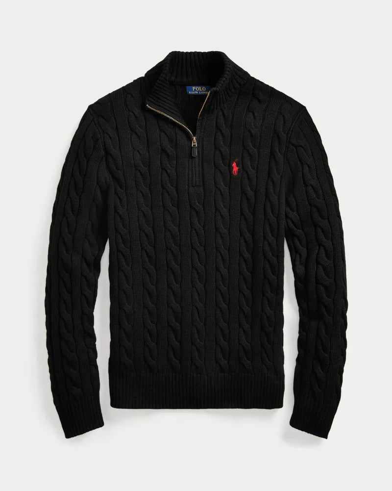 Schwarzer Pullover mit Half-Zip und Zopfmuster