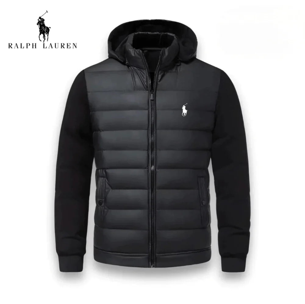 Schwarze Hybrid-Daunenjacke mit schwarzen Ärmeln und Kapuze