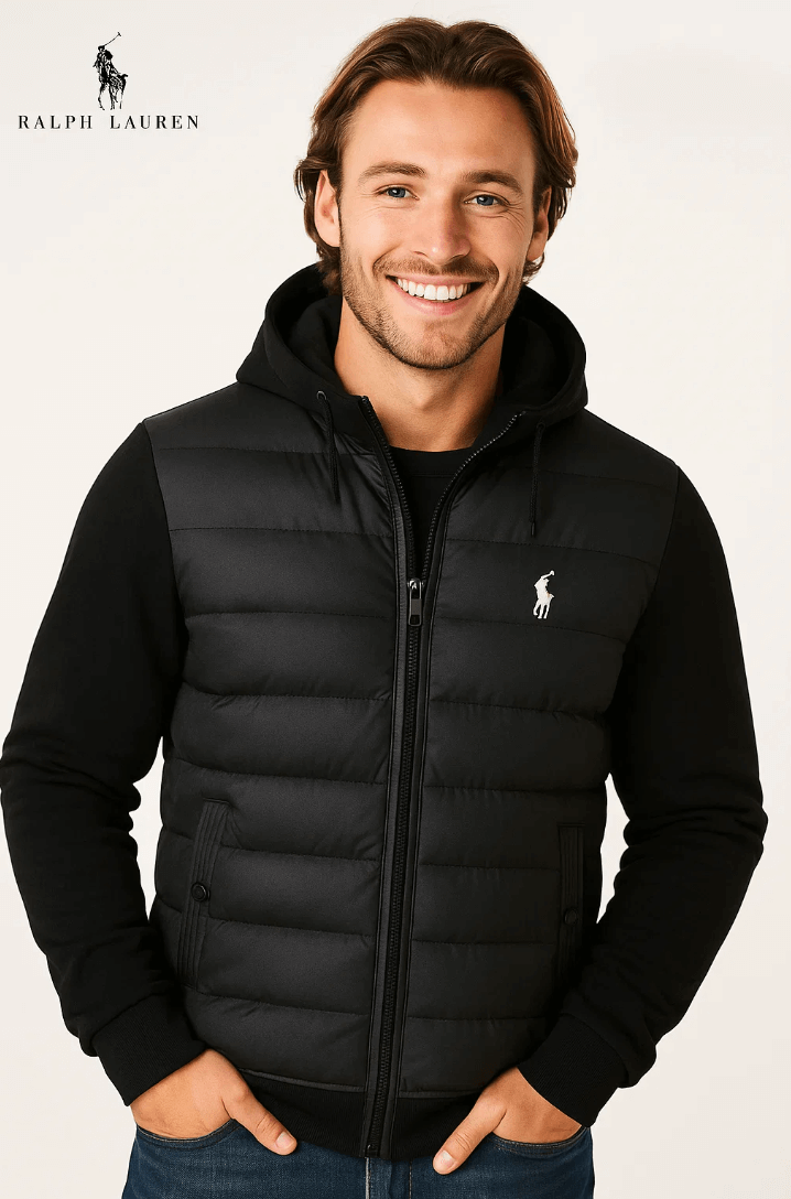 Seitenansicht der schwarzen Hybrid-Daunenjacke