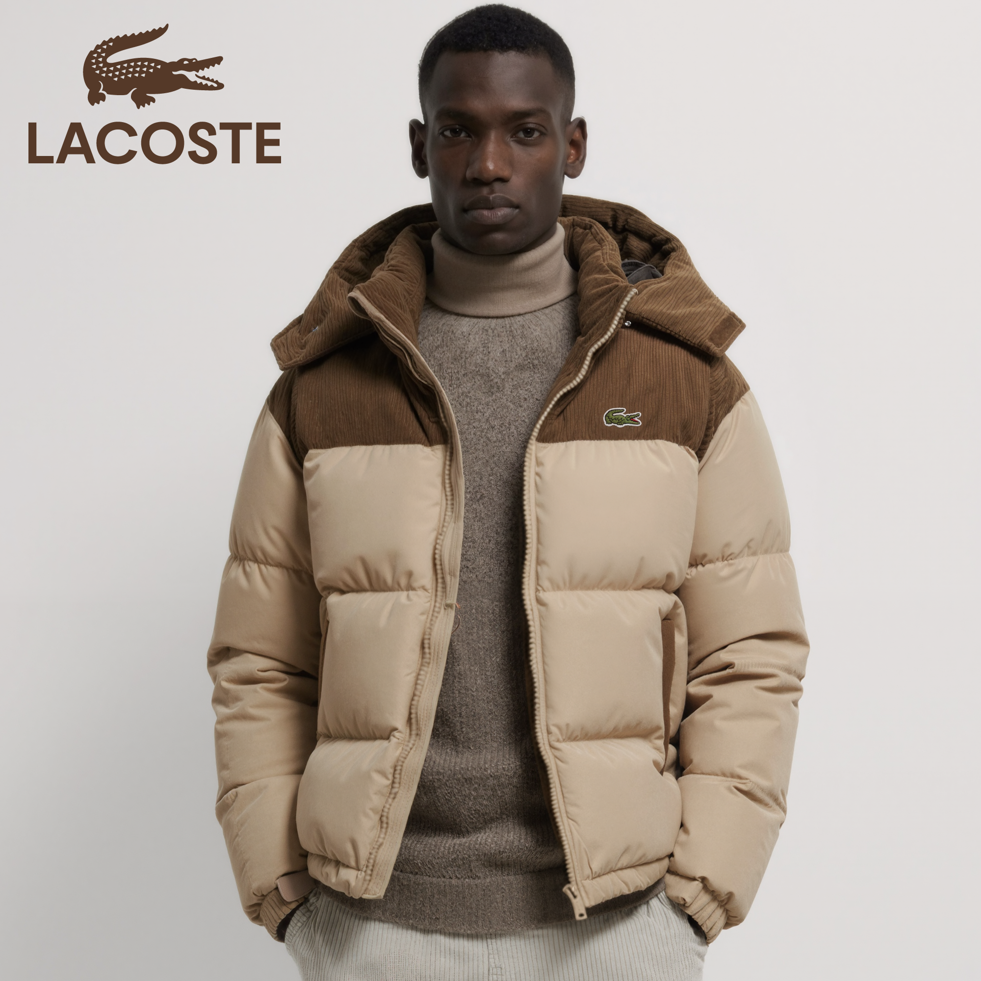Veste Lacoste verte — détails en velours côtelé et rembourrage thermique