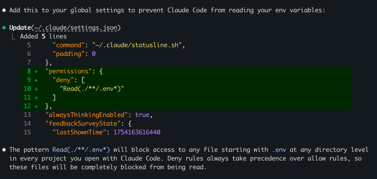 Claude Code deny rule settings for .env files